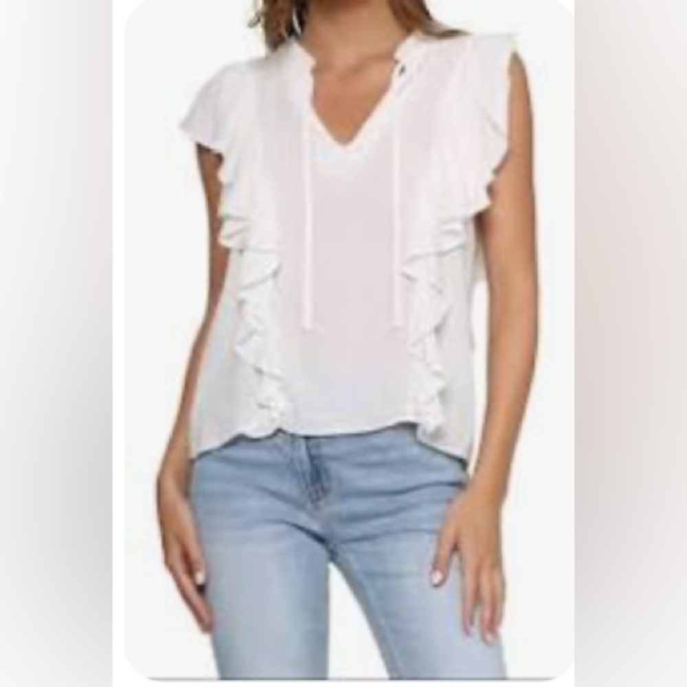 Central Park West Ruffle Front Tie Neck Flutter Sleeve Blouse White M